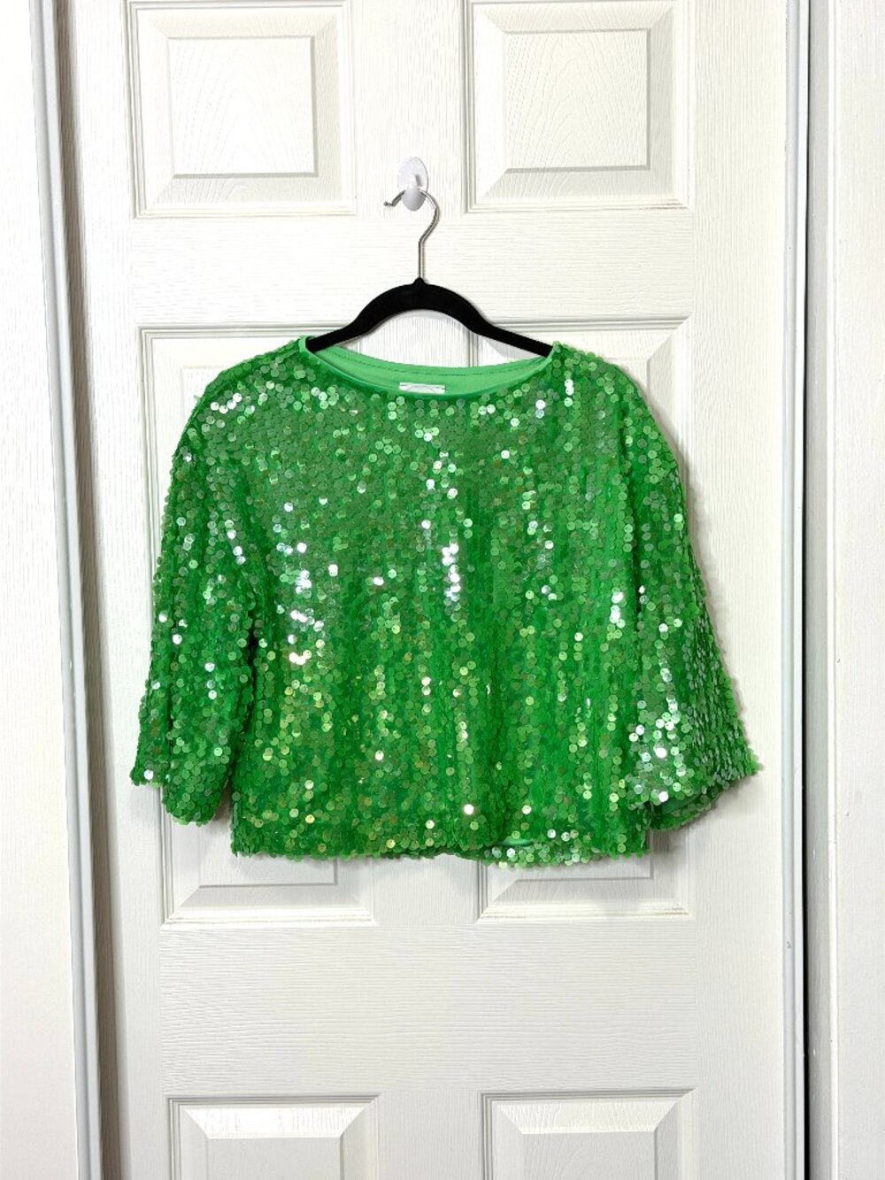 Green Sparkly Sequin Short Sleeve Crop Shirt- Women's M